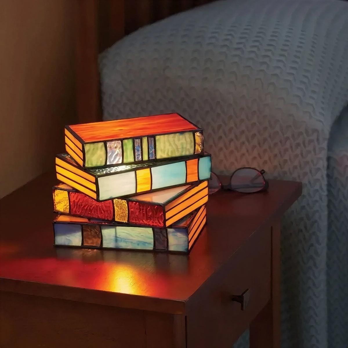 Bedside Table Lamp With Vintage Stained Stacked Books Design