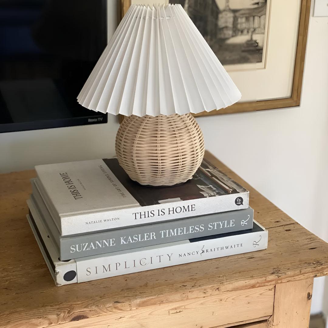Decorative Rattan Bedside Table Lamp With Pleated Shade