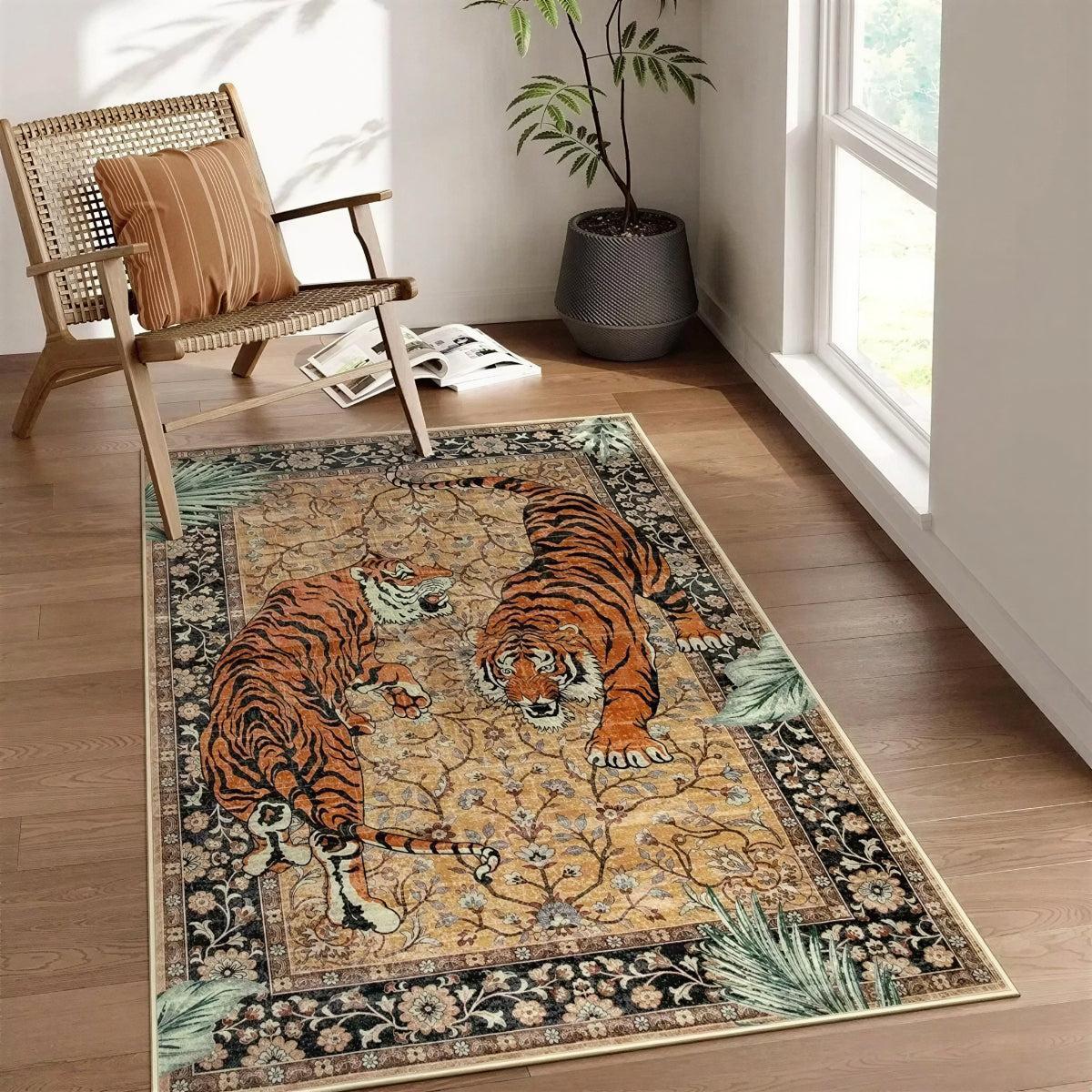 Machine Washable Carpet Rug With Botanical Tiger Animal Print Design