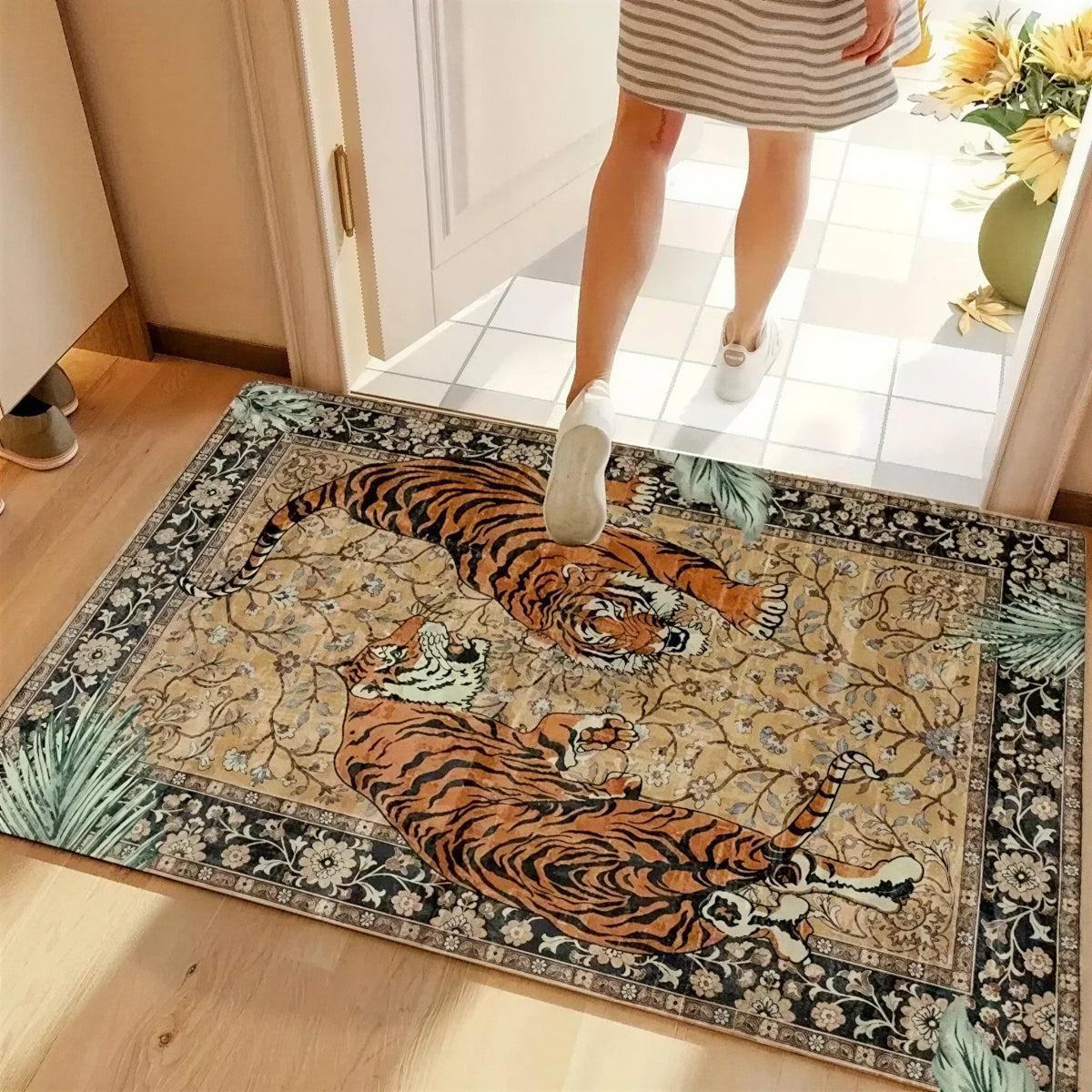 Machine Washable Carpet Rug With Botanical Tiger Animal Print Design