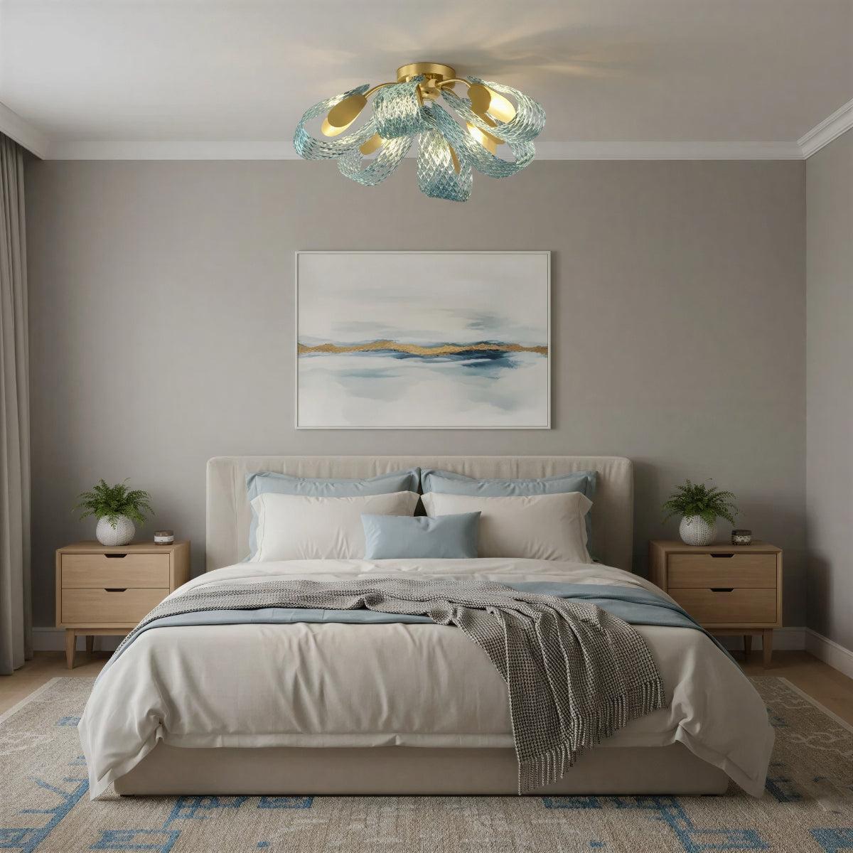 Modern Semi Flush Mount Ceiling Light With Sculptural Patterned Ribbon Glass Design