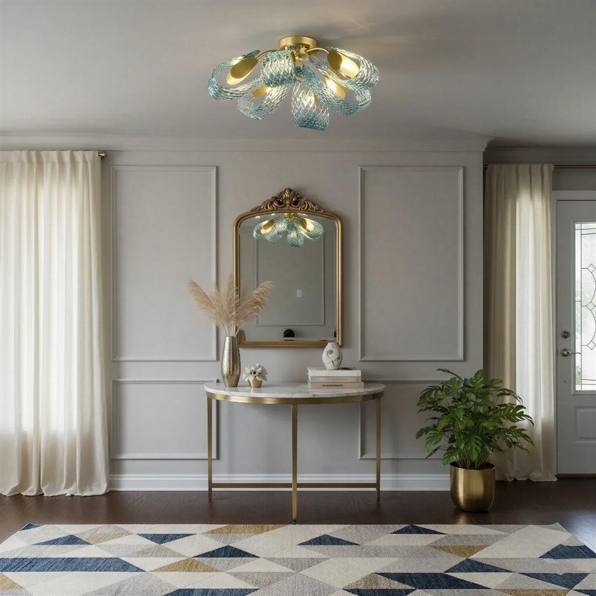 Modern Semi Flush Mount Ceiling Light With Sculptural Patterned Ribbon Glass Design