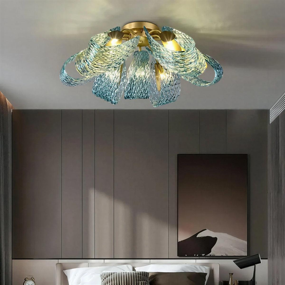Modern Semi Flush Mount Ceiling Light With Sculptural Patterned Ribbon Glass Design