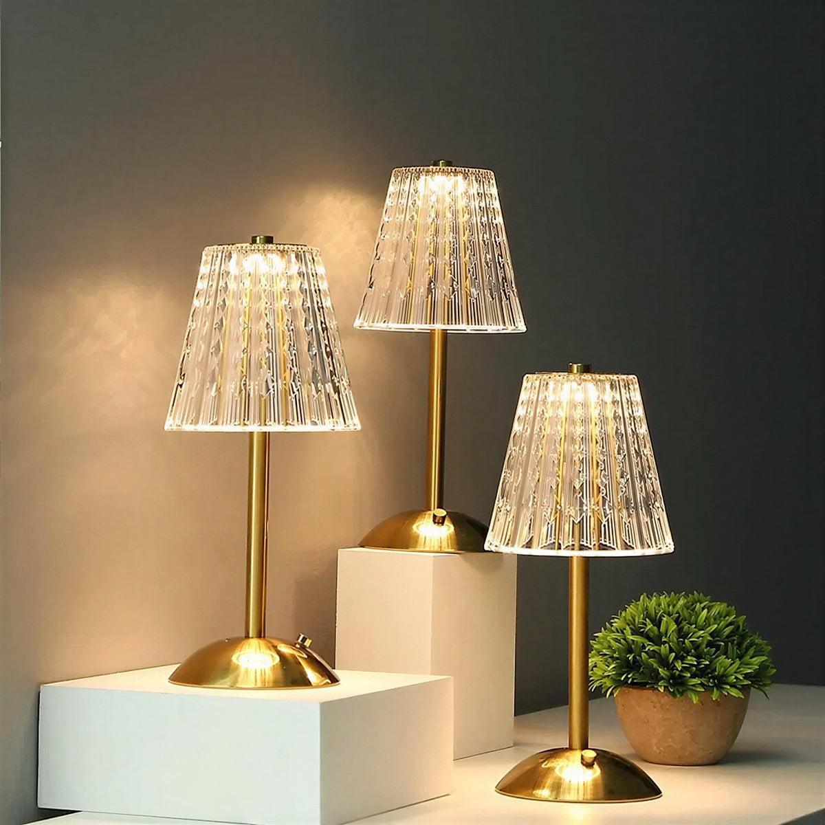 Rechargeable Crystal Table Lamp With Ribbed Shade Design