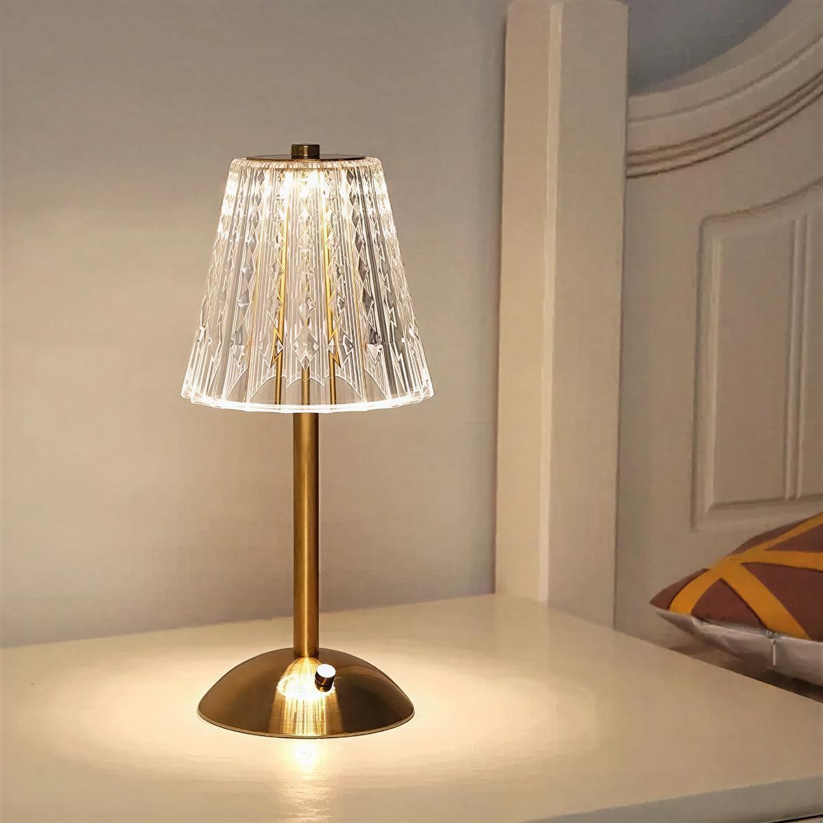 Rechargeable Crystal Table Lamp With Ribbed Shade Design