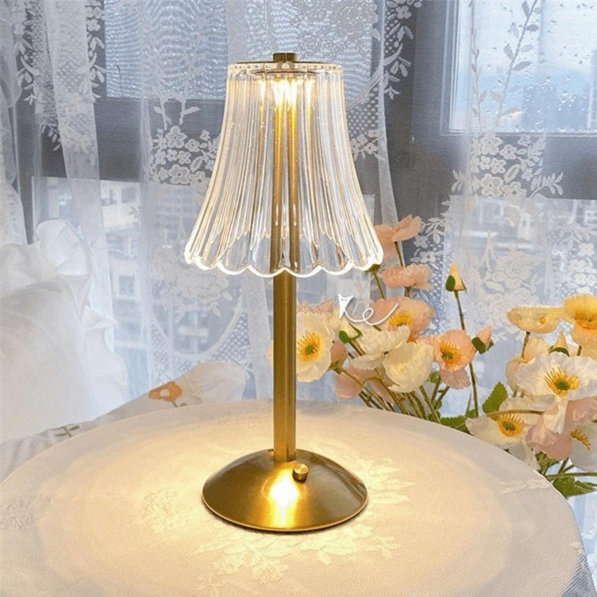 Rechargeable Crystal Table Lamp With Ribbed Shade Design