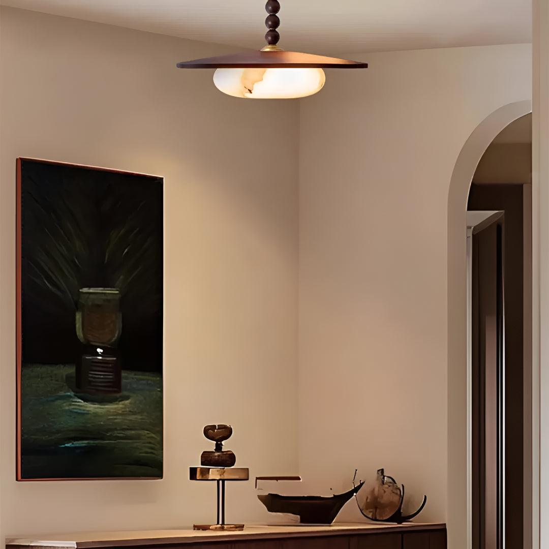 Semi Flush Ceiling Light With Wooden Shade And Alabaster Diffuser