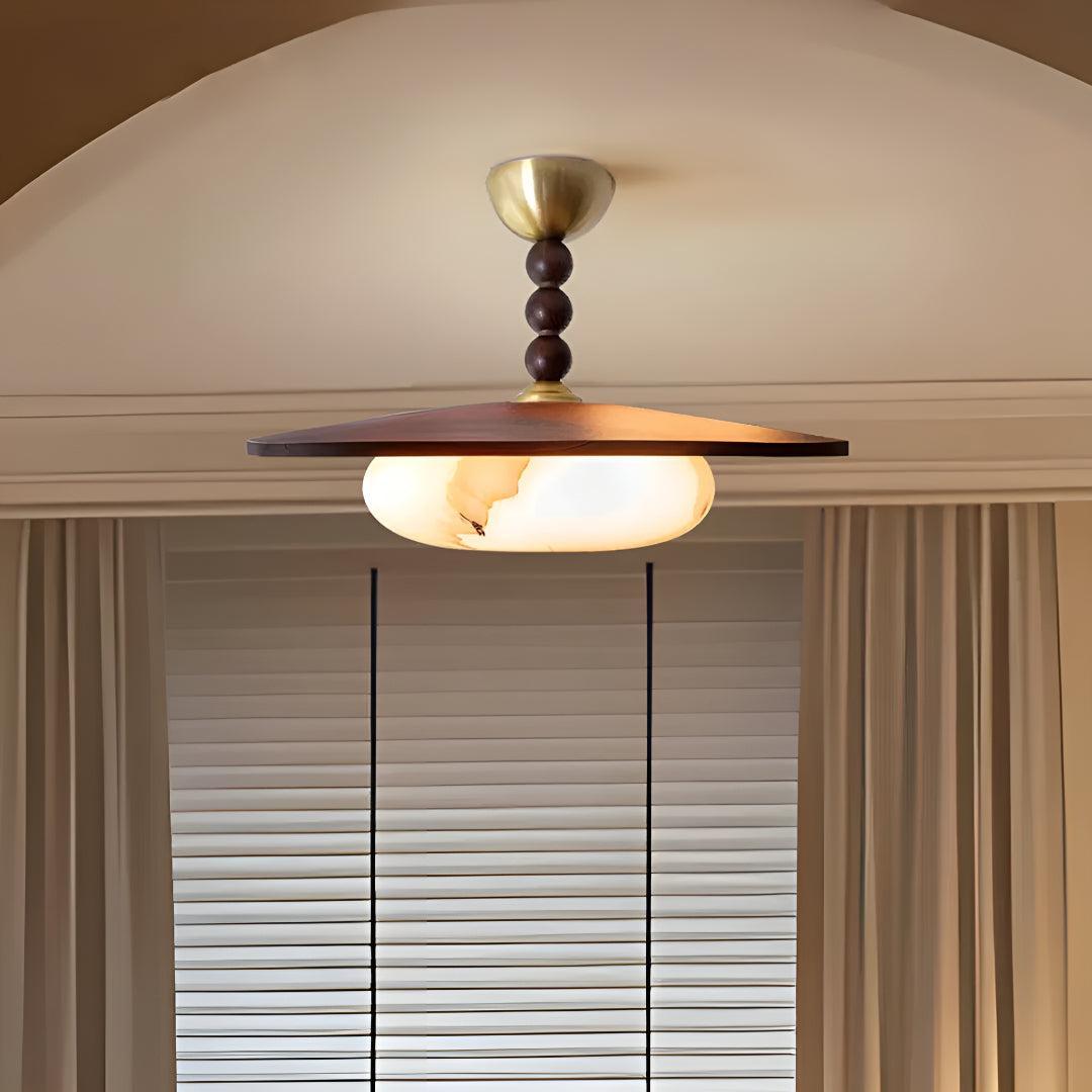 Semi Flush Ceiling Light With Wooden Shade And Alabaster Diffuser