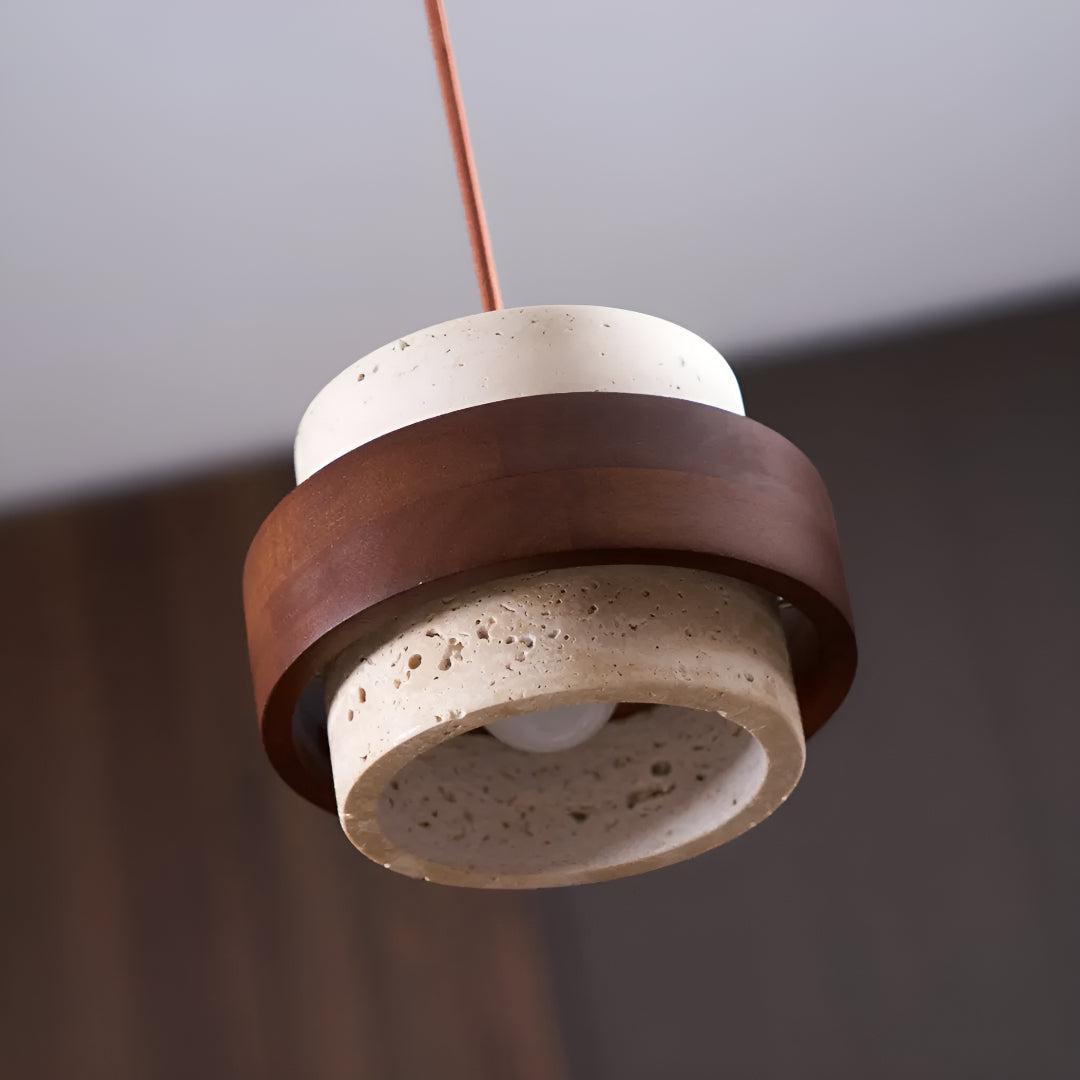 Travertine Ceiling Light Pendant Lamp With Wood Accent Design