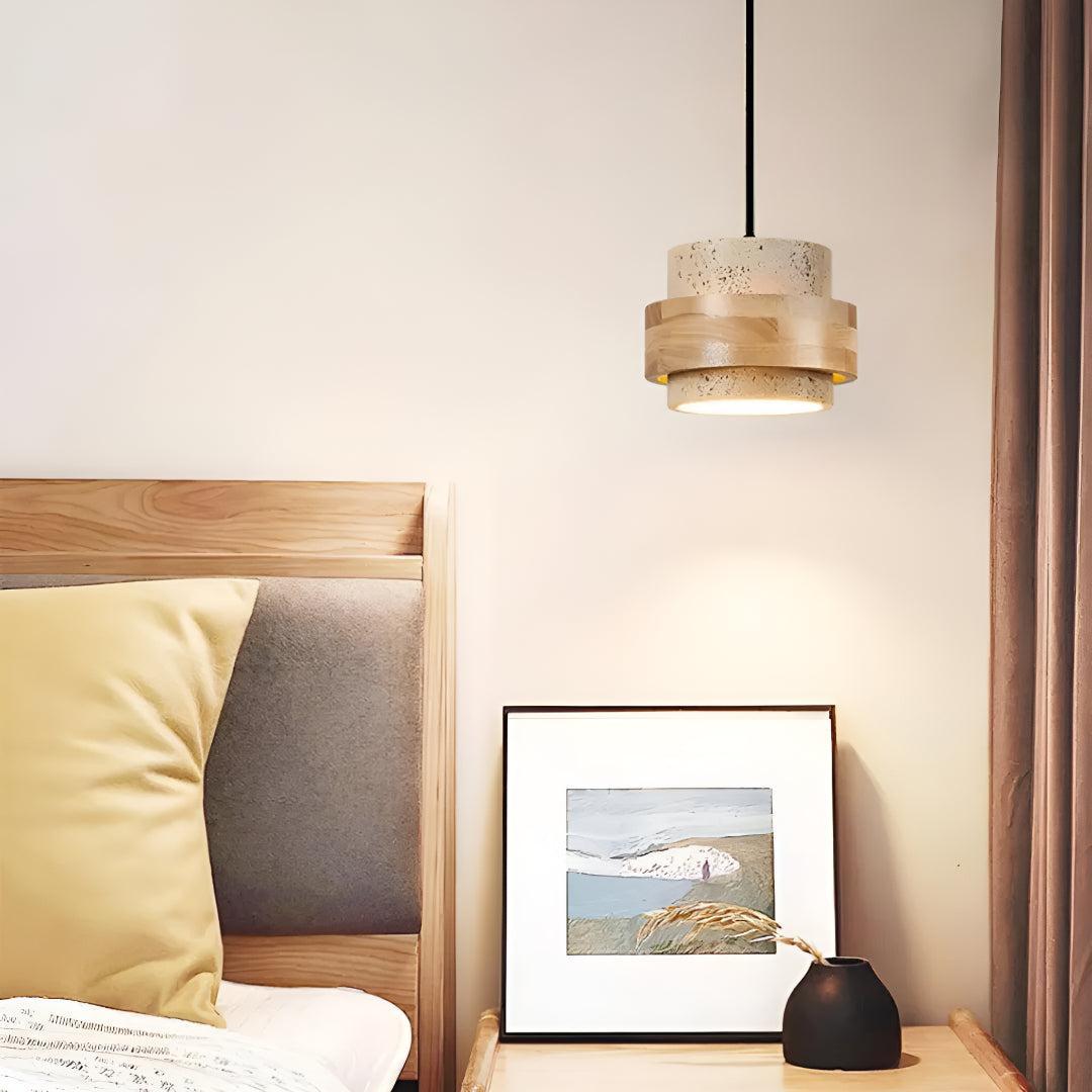 Travertine Ceiling Light Pendant Lamp With Wood Accent Design