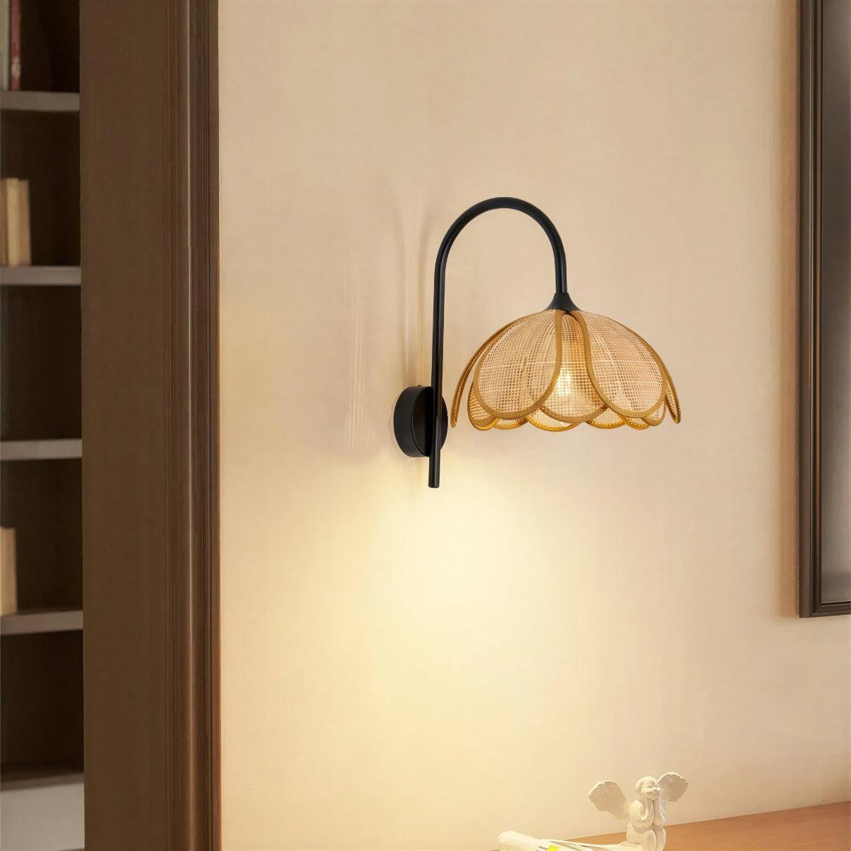 Wall Lamp With Blooming Rattan Flower Shade Design