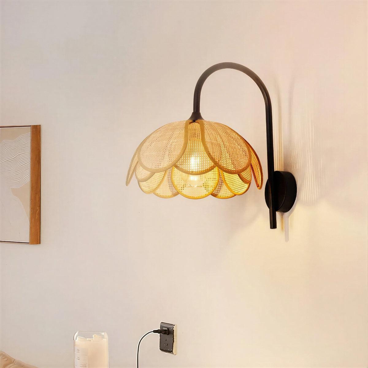 Wall Lamp With Blooming Rattan Flower Shade Design