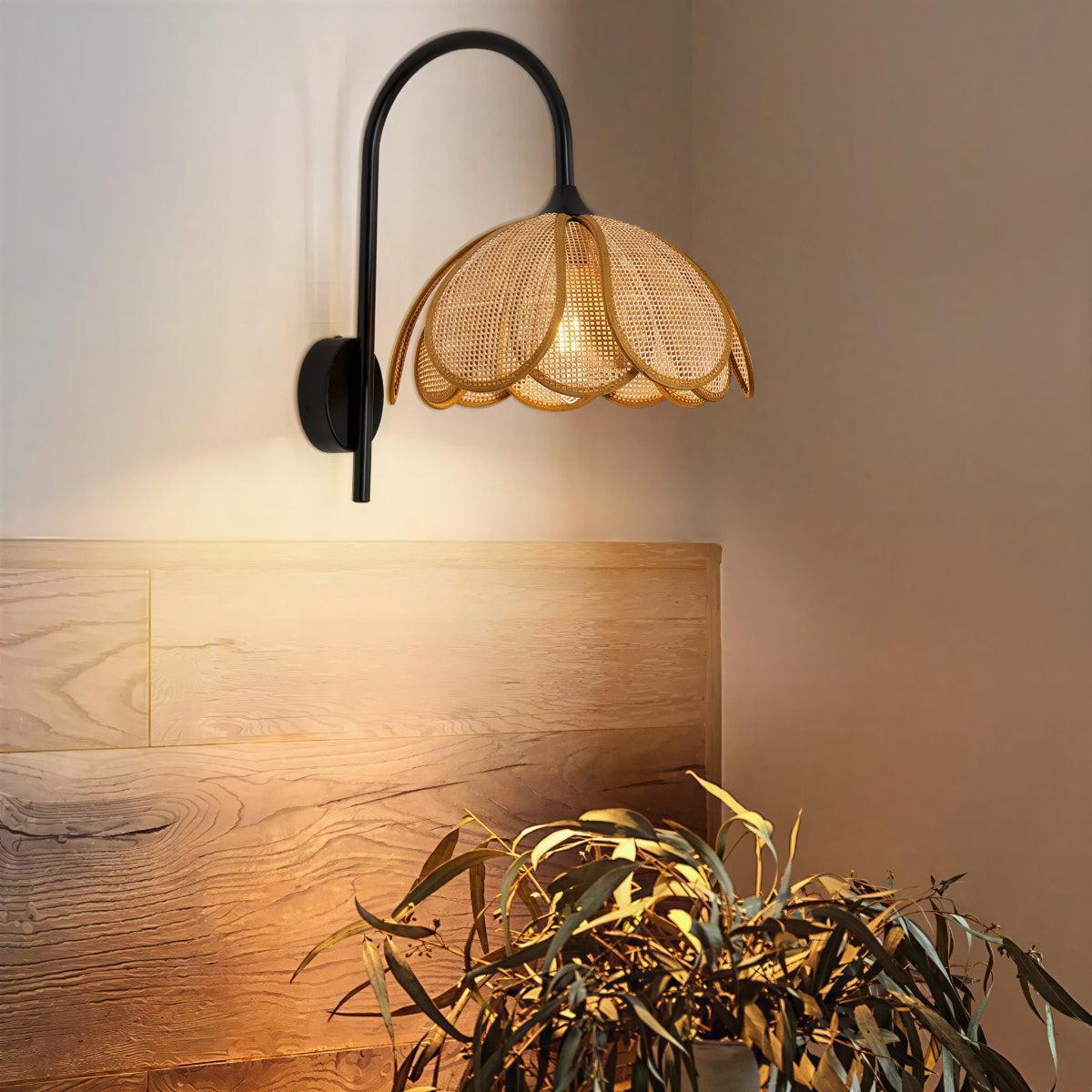 Wall Lamp With Blooming Rattan Flower Shade Design