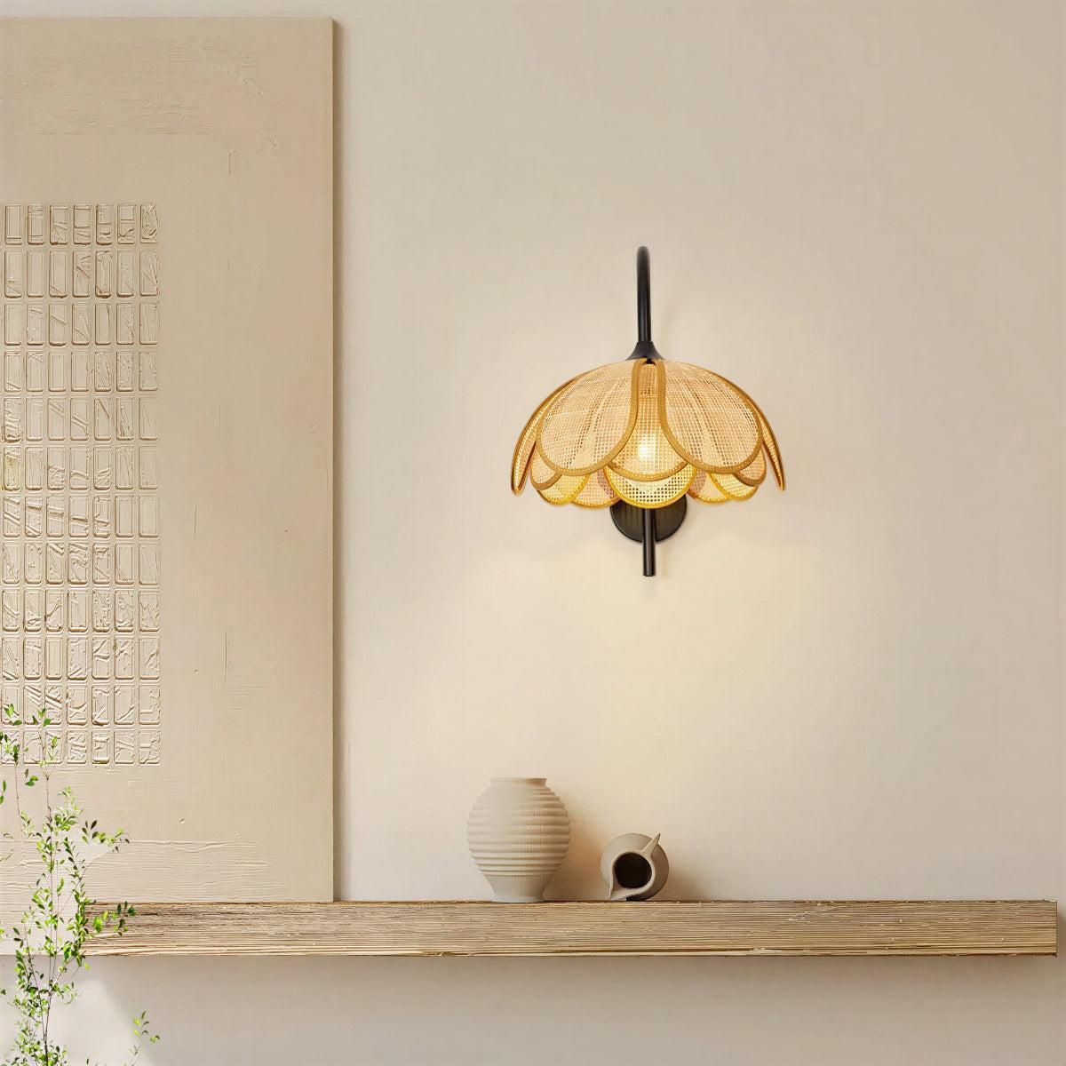 Wall Lamp With Blooming Rattan Flower Shade Design