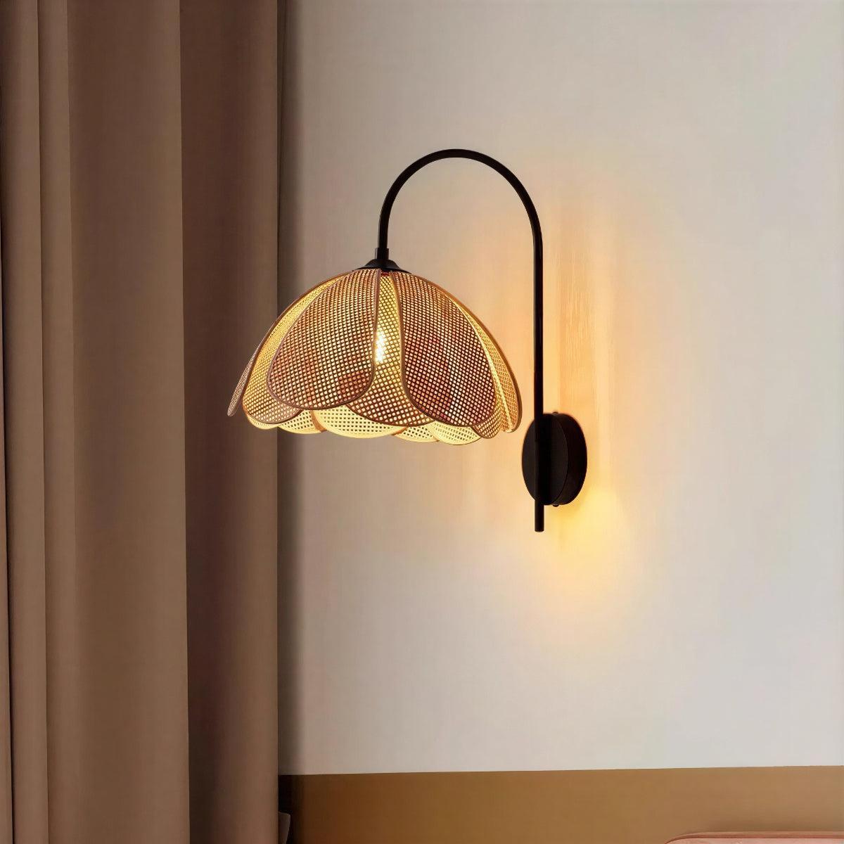 Wall Lamp With Blooming Rattan Flower Shade Design