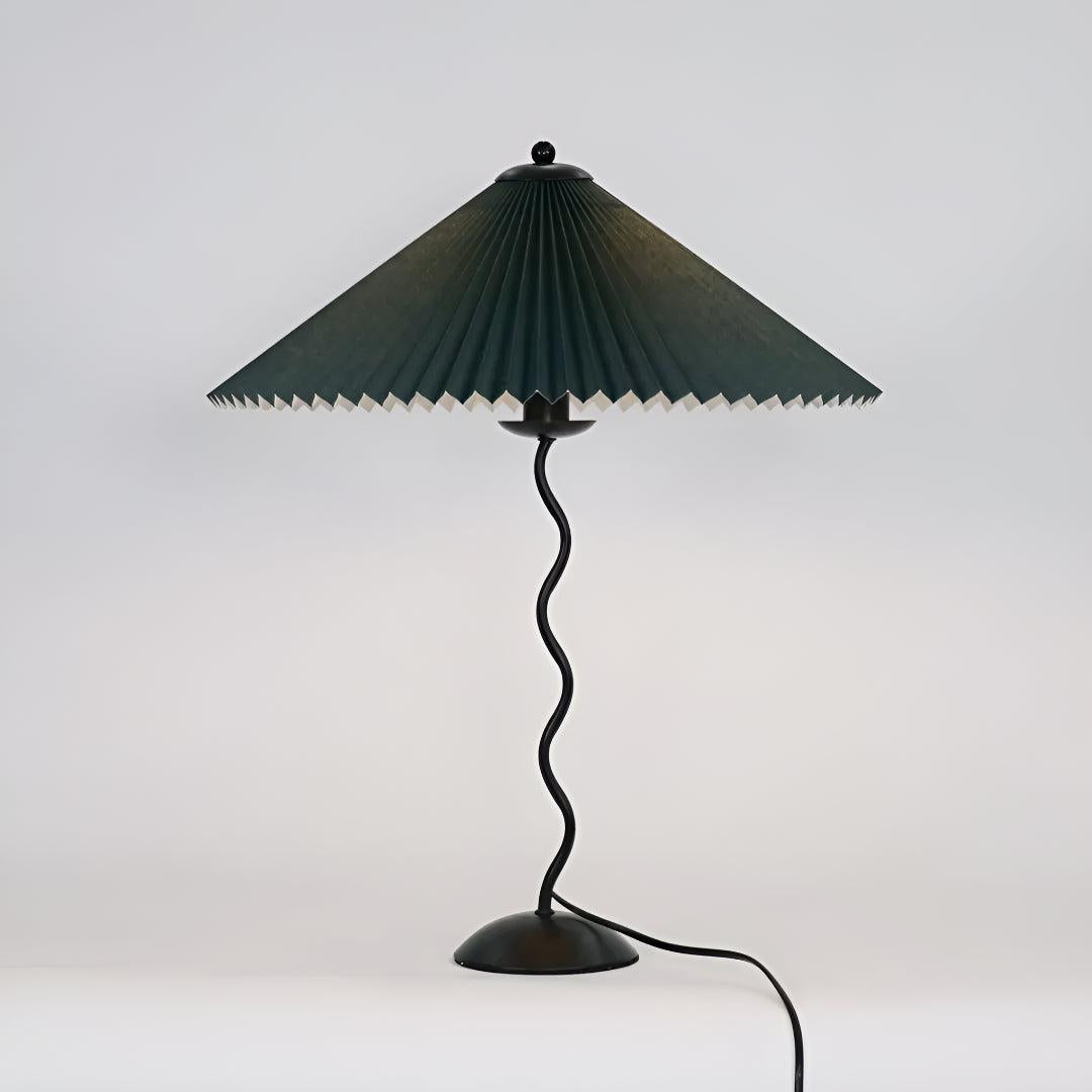 Bedside Table Lamp With Pleated Shade And Squiggled Curved Stem