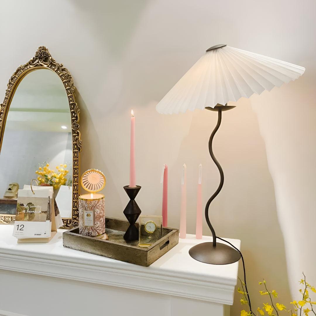 Bedside Table Lamp With Pleated Shade And Squiggled Curved Stem