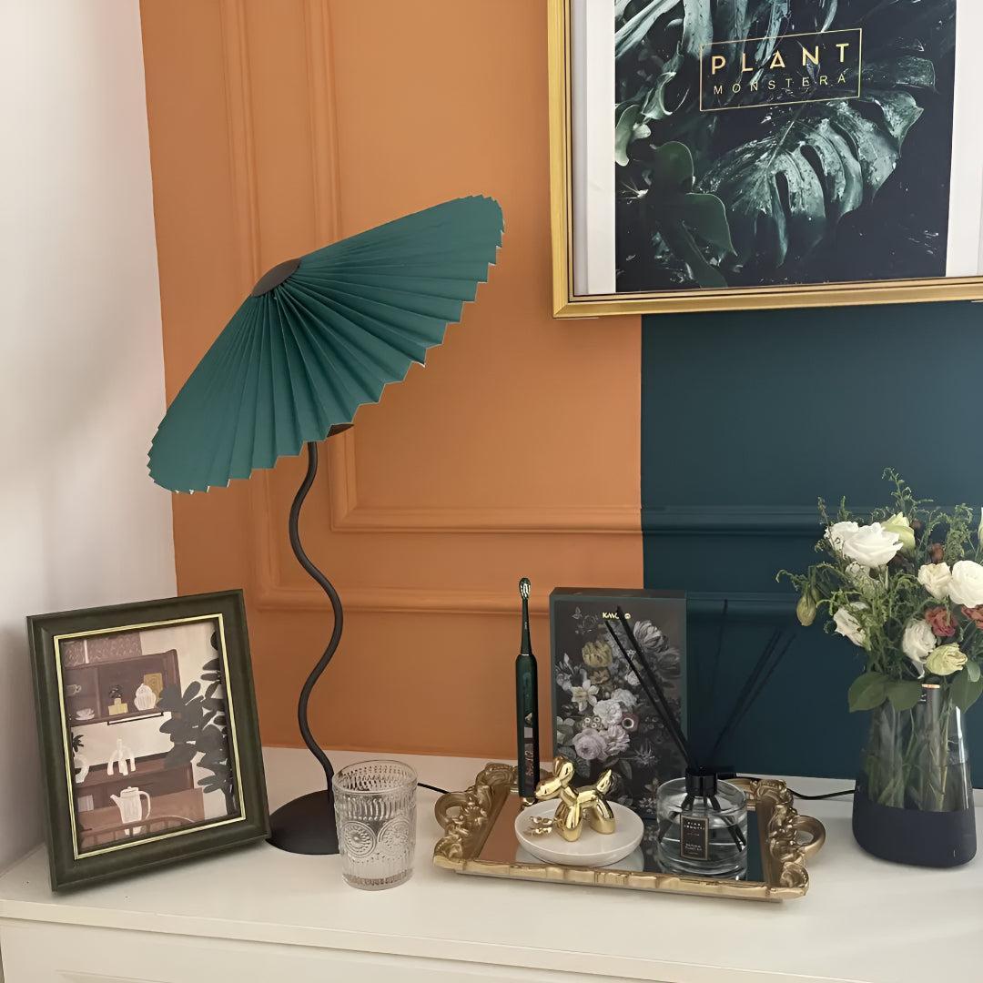 Bedside Table Lamp With Pleated Shade And Squiggled Curved Stem