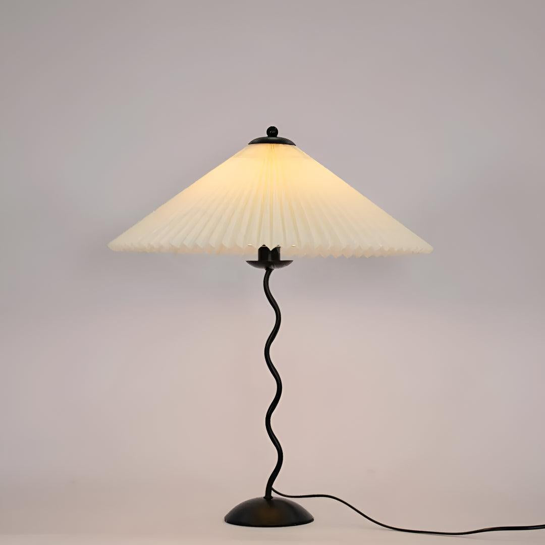 Bedside Table Lamp With Pleated Shade And Squiggled Curved Stem
