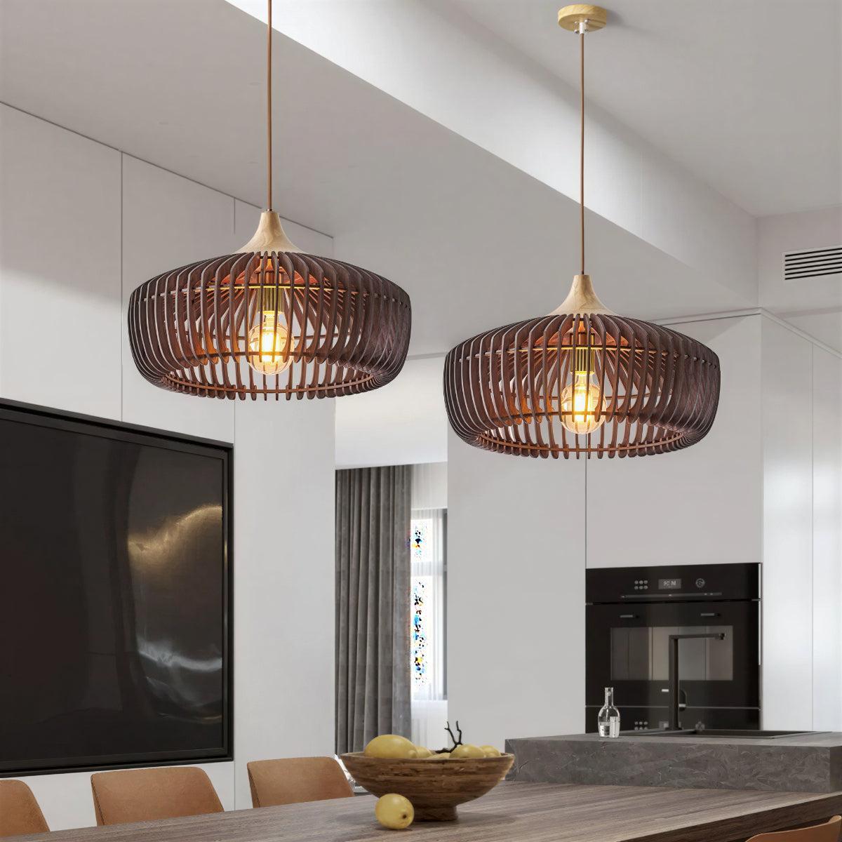 Contemporary Scandinavian Hanging Pendant Lighting Fixture With Wooden Cage