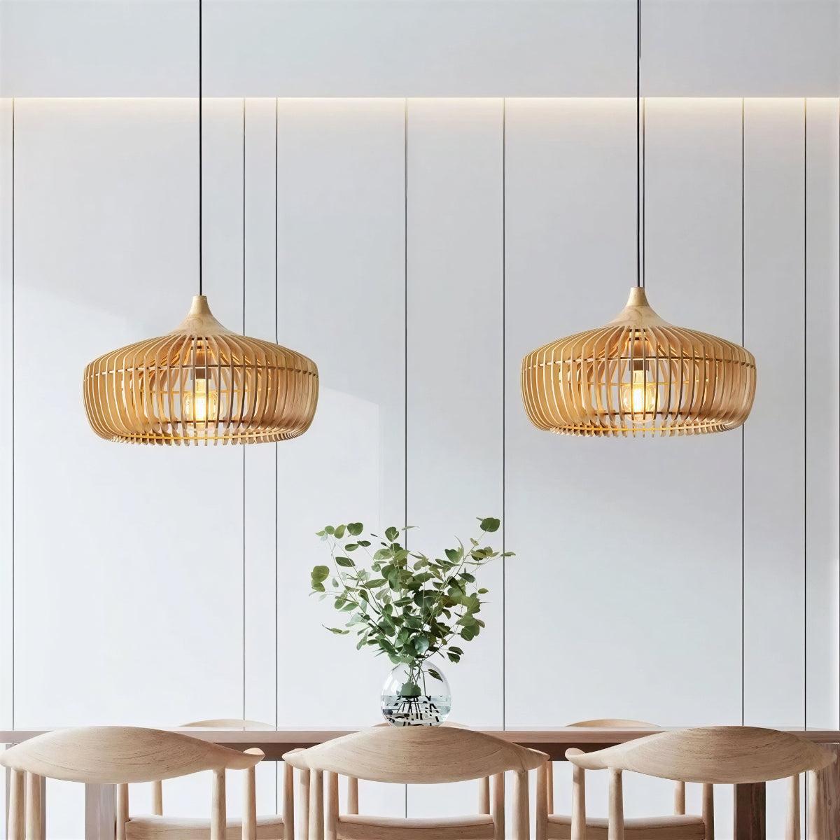 Contemporary Scandinavian Hanging Pendant Lighting Fixture With Wooden Cage