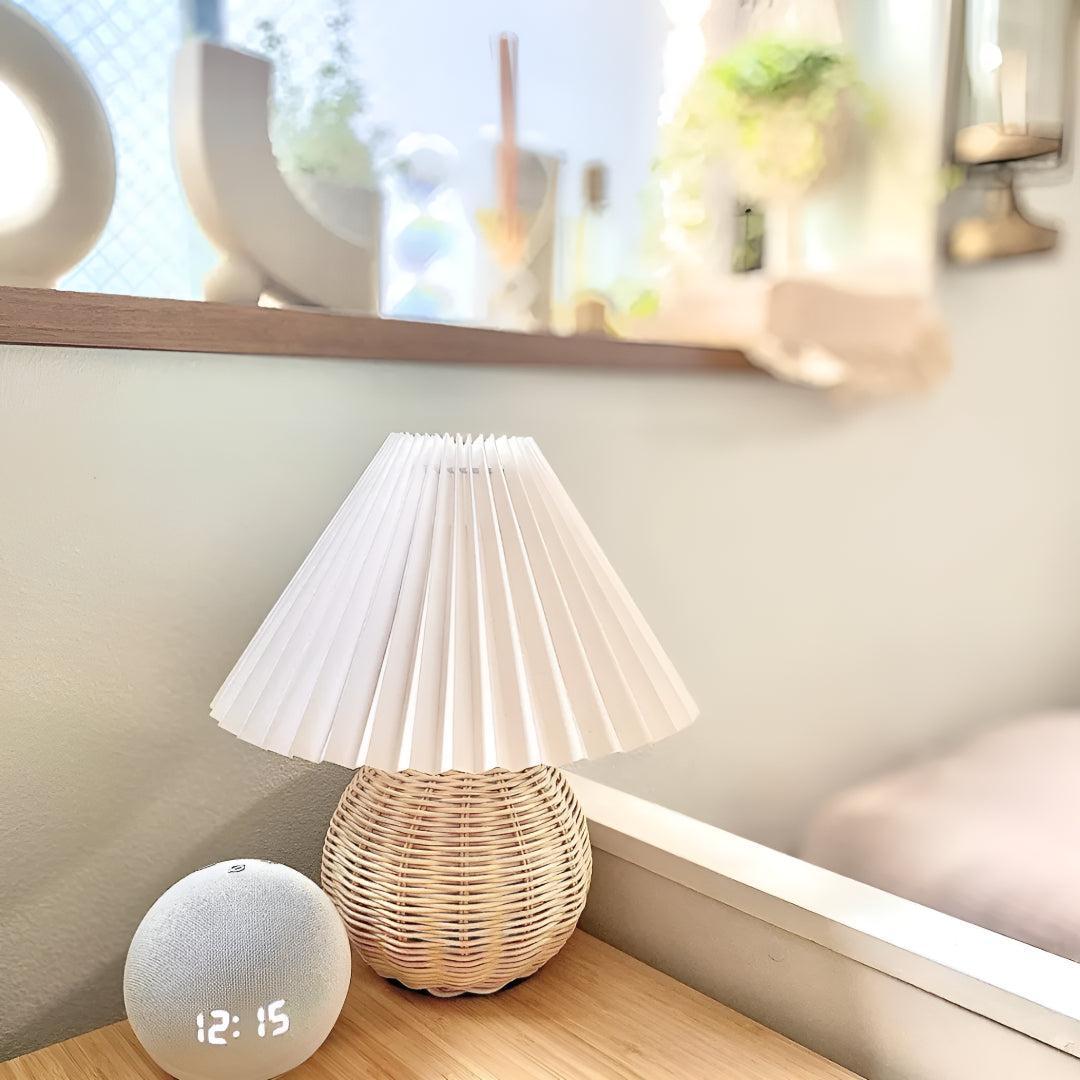 Decorative Rattan Bedside Table Lamp With Pleated Shade