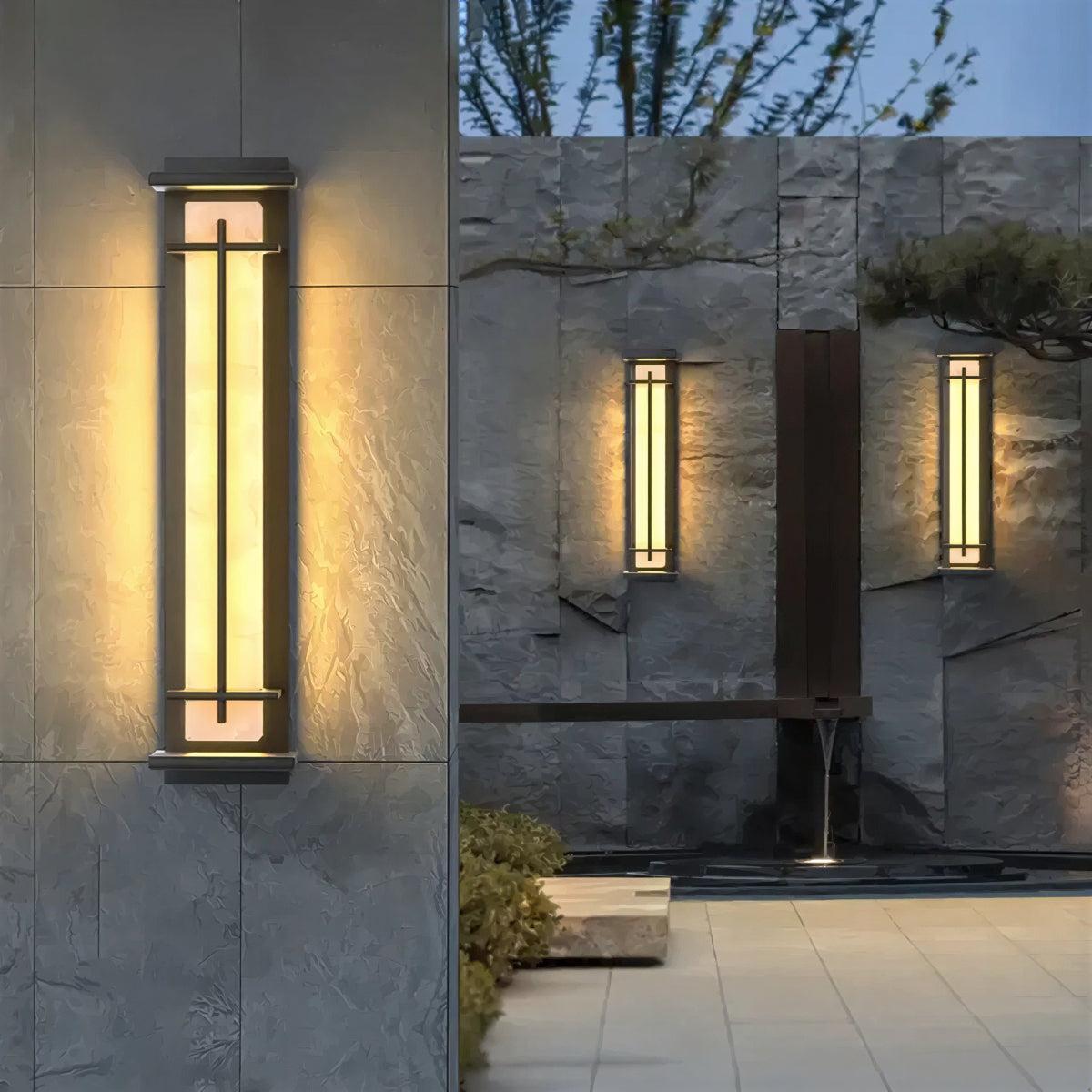 Exterior Alabaster Wall Light With Modern Architectural Vertical Cage Design