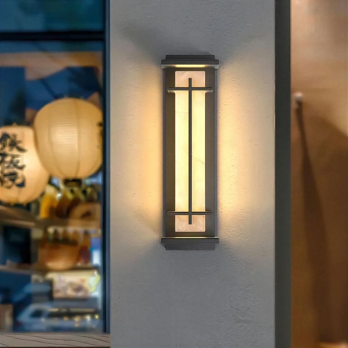 Exterior Alabaster Wall Light With Modern Architectural Vertical Cage Design