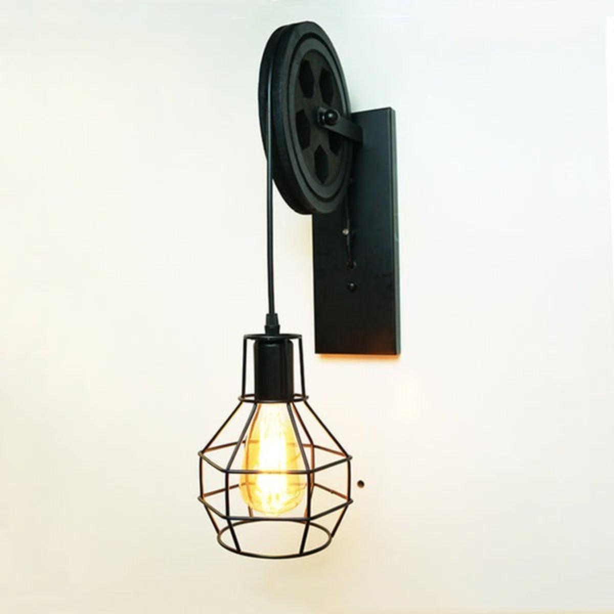Industrial Retro Wall Light Sconce With Decorative Vintage Pulley Wheel