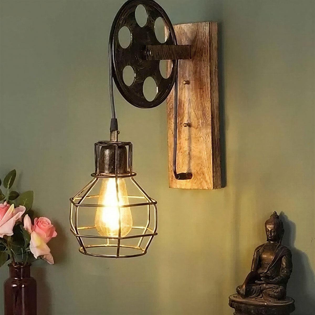 Industrial Retro Wall Light Sconce With Decorative Vintage Pulley Wheel