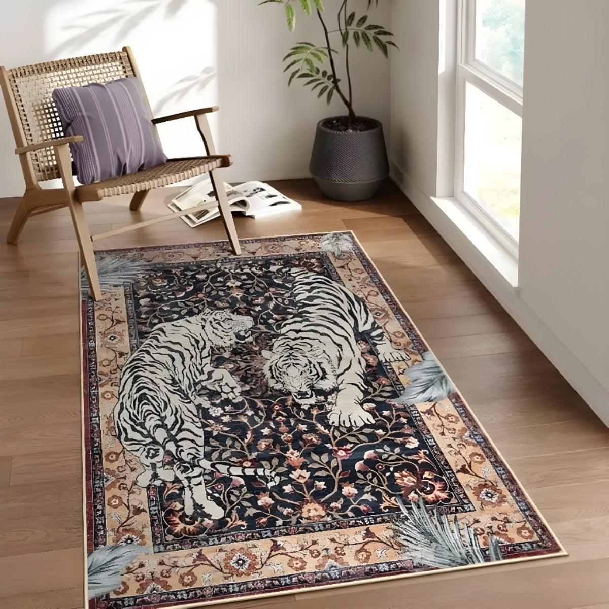 Machine Washable Carpet Rug With Botanical Tiger Animal Print Design