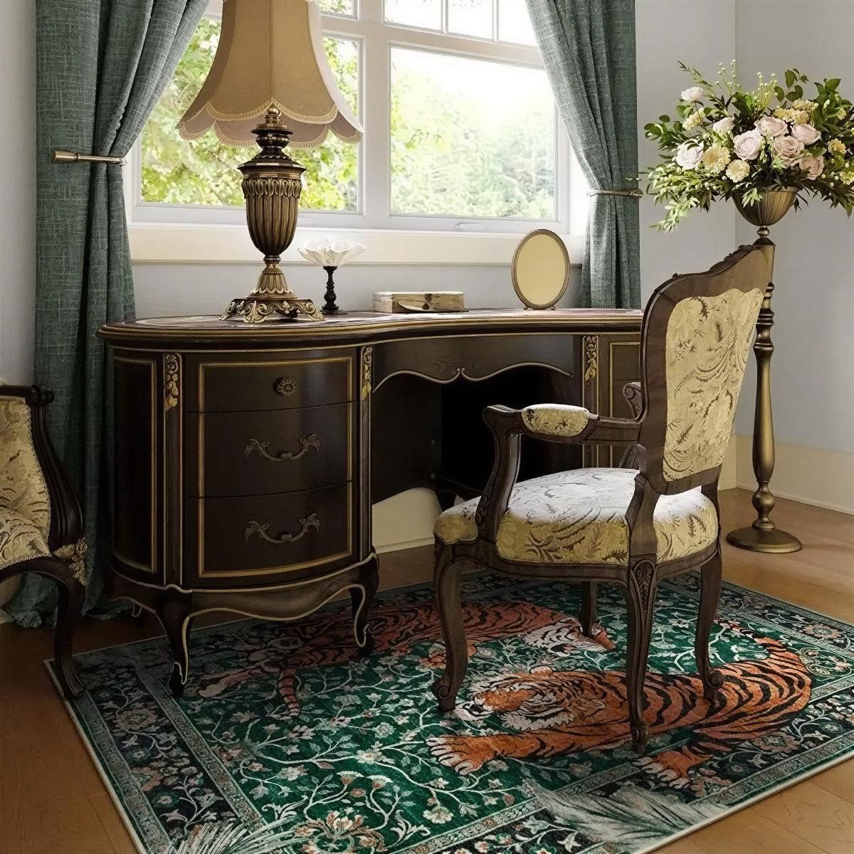 Machine Washable Carpet Rug With Botanical Tiger Animal Print Design