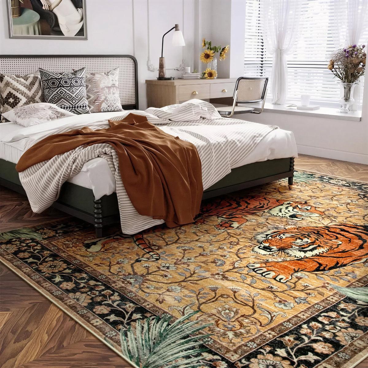 Machine Washable Carpet Rug With Botanical Tiger Animal Print Design