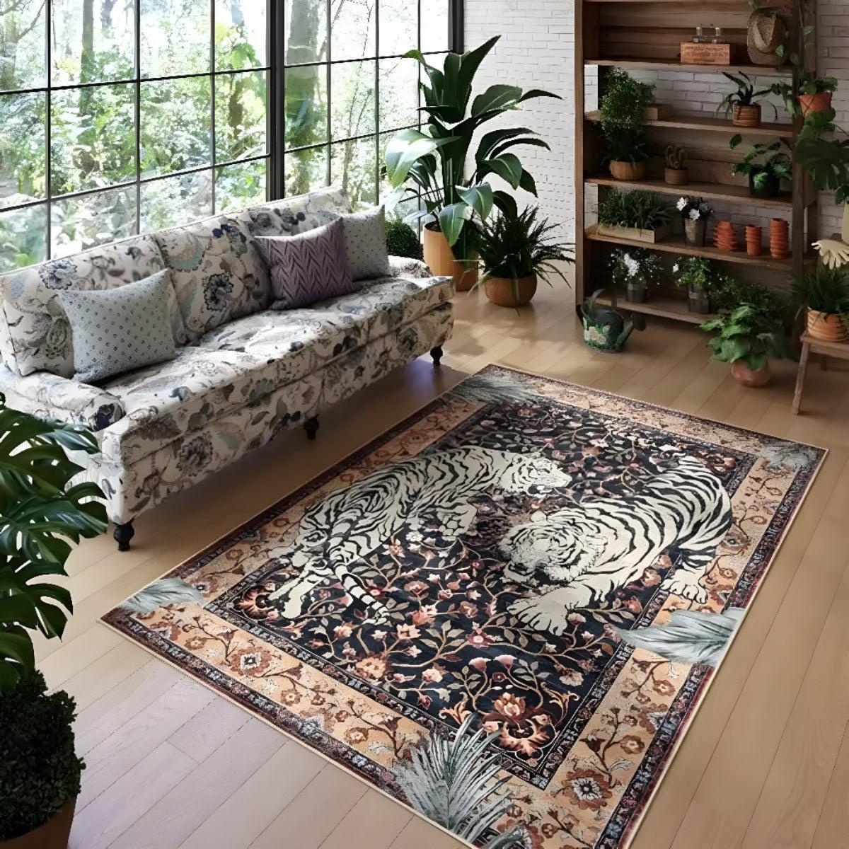 Machine Washable Carpet Rug With Botanical Tiger Animal Print Design
