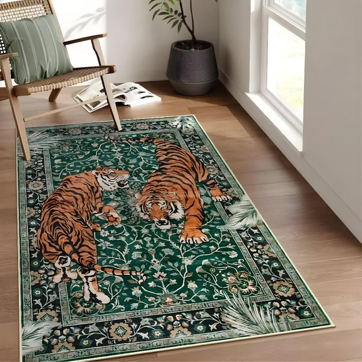 Machine Washable Carpet Rug With Botanical Tiger Animal Print Design