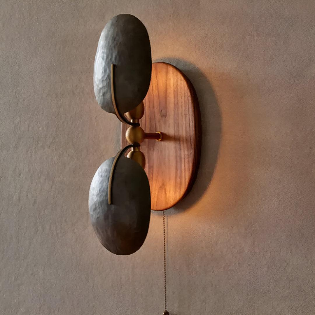 Metal and Walnut Wall Light Sconce With Pull Chain Switch