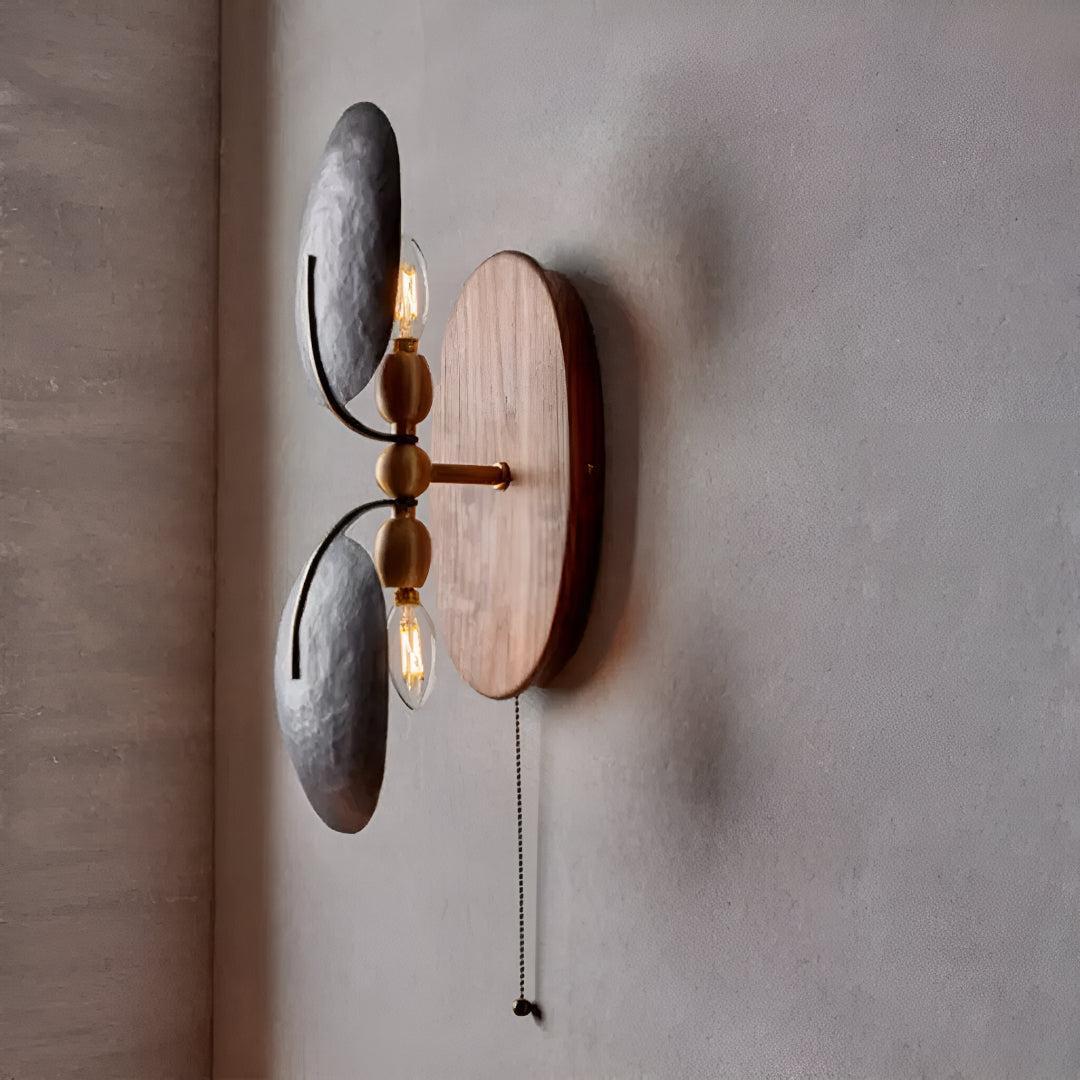 Metal and Walnut Wall Light Sconce With Pull Chain Switch
