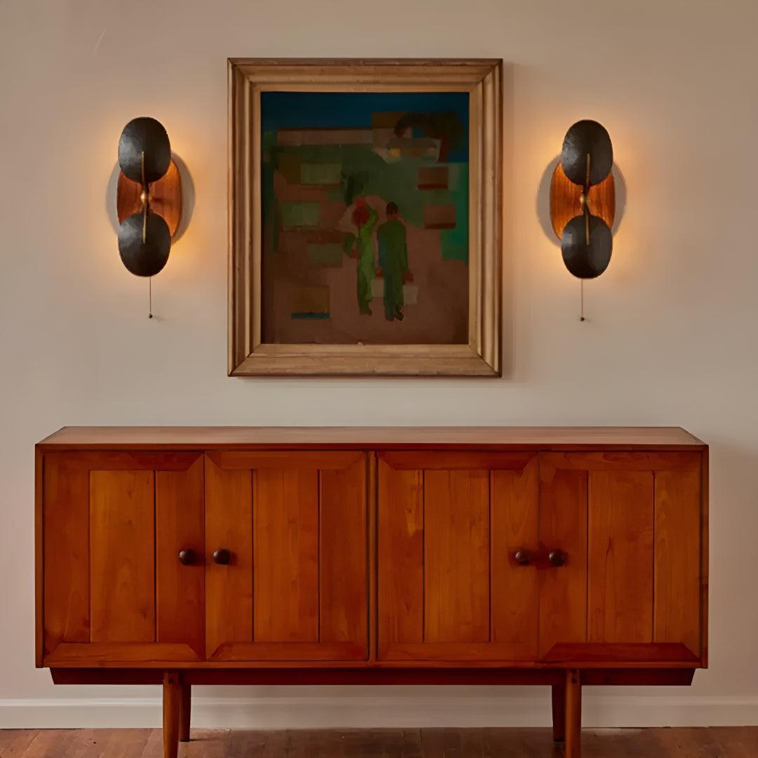 Metal and Walnut Wall Light Sconce With Pull Chain Switch