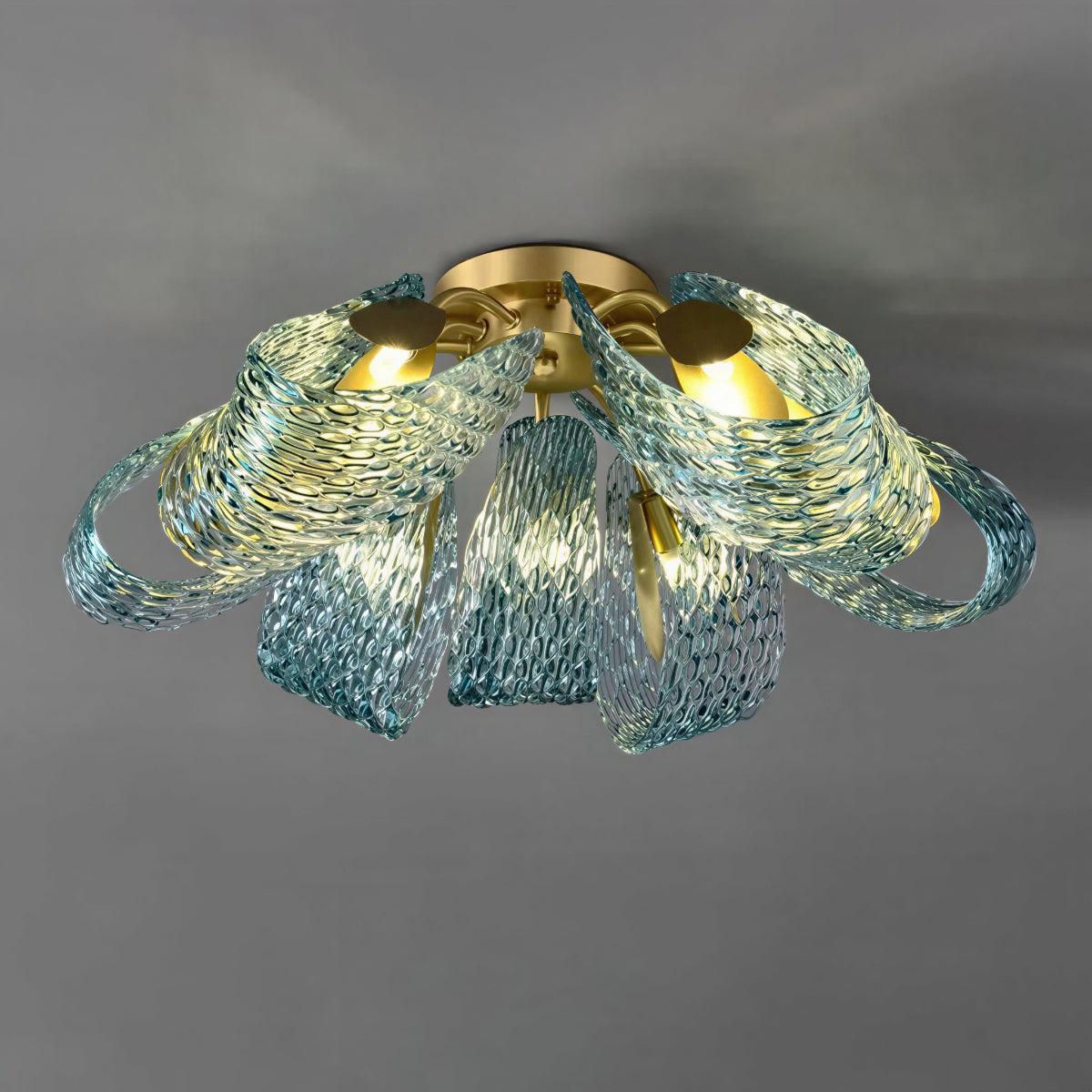 Modern Semi Flush Mount Ceiling Light With Sculptural Patterned Ribbon Glass Design