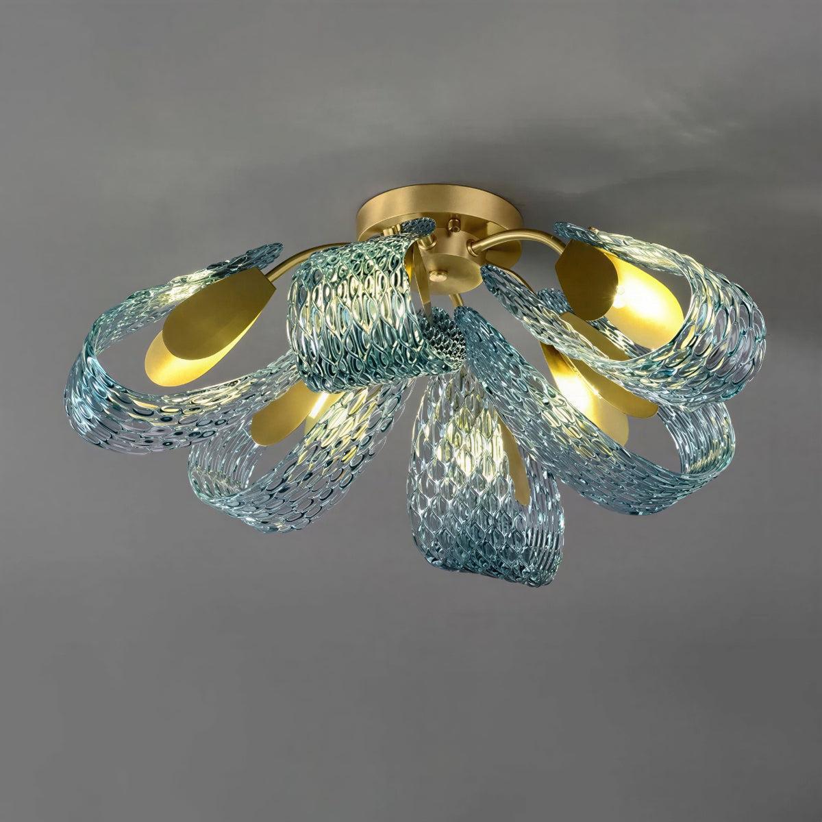 Modern Semi Flush Mount Ceiling Light With Sculptural Patterned Ribbon Glass Design