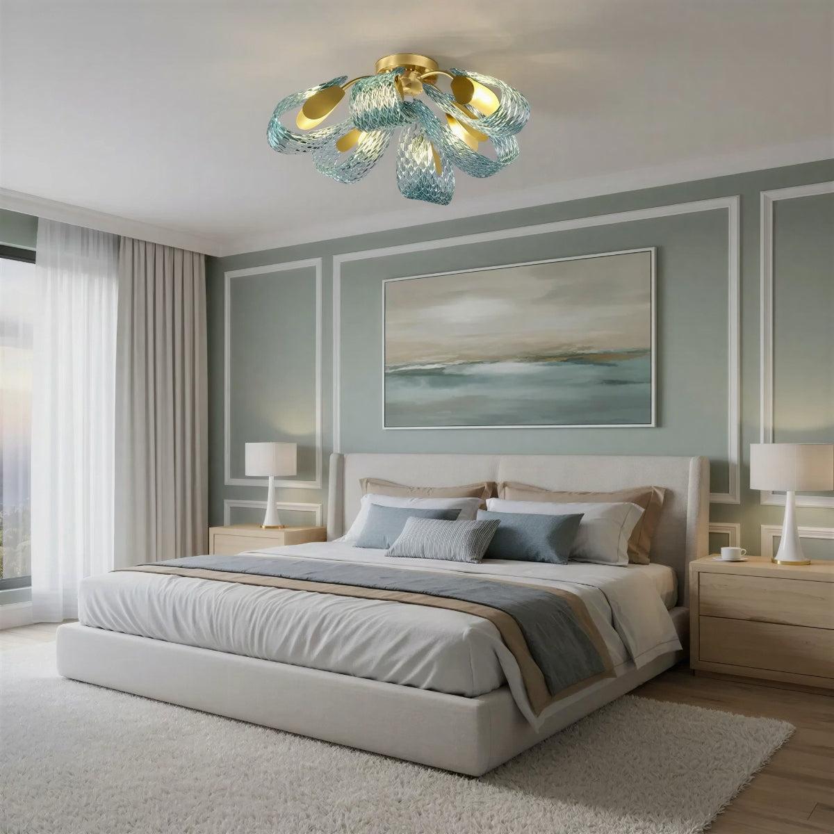 Modern Semi Flush Mount Ceiling Light With Sculptural Patterned Ribbon Glass Design