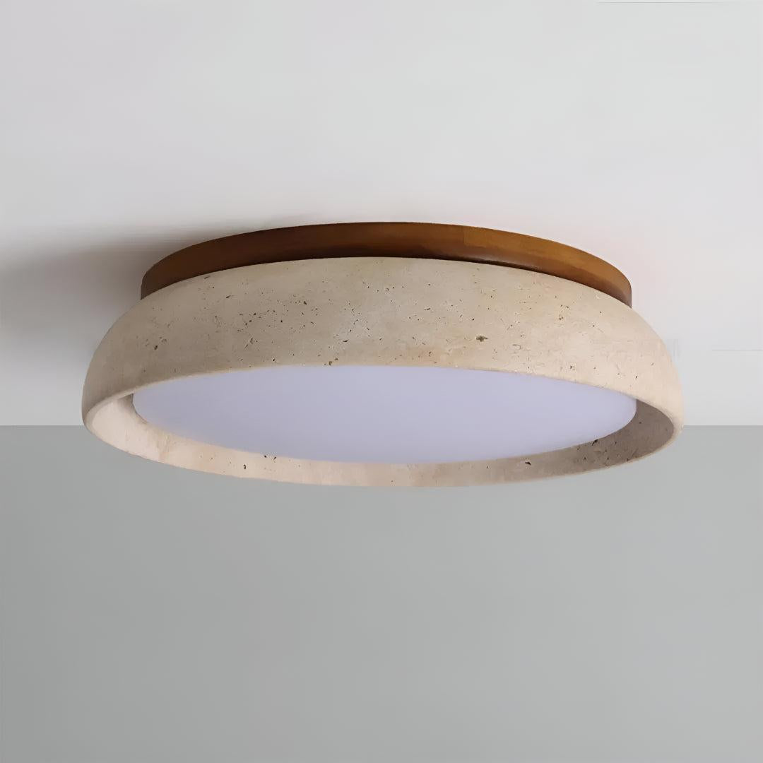 Piedra Travertine Ceiling Light Flush Mount with Modern Wood Accent