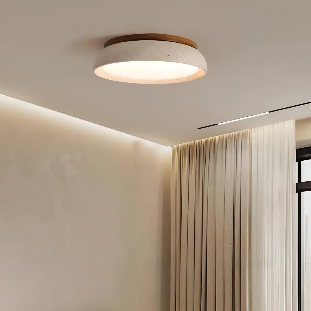Piedra Travertine Ceiling Light Flush Mount with Modern Wood Accent
