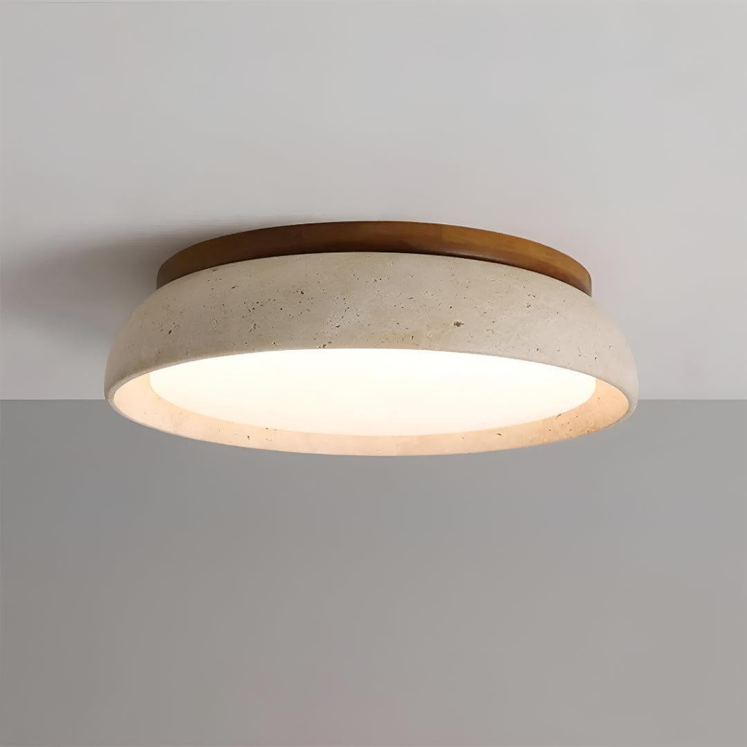 Piedra Travertine Ceiling Light Flush Mount with Modern Wood Accent