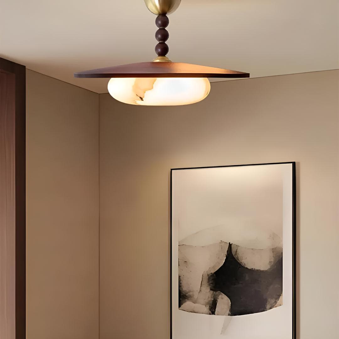 Semi Flush Ceiling Light With Wooden Shade And Alabaster Diffuser