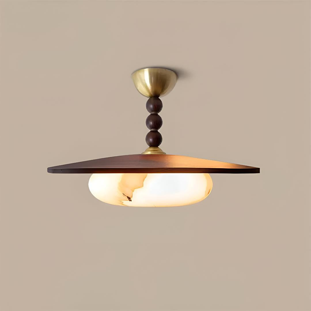Semi Flush Ceiling Light With Wooden Shade And Alabaster Diffuser