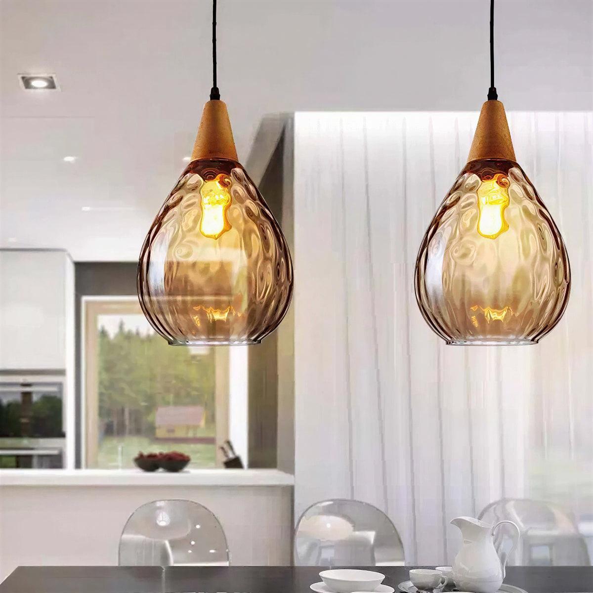 Teardrop Pendant Light With Wood and Glass Shade Style