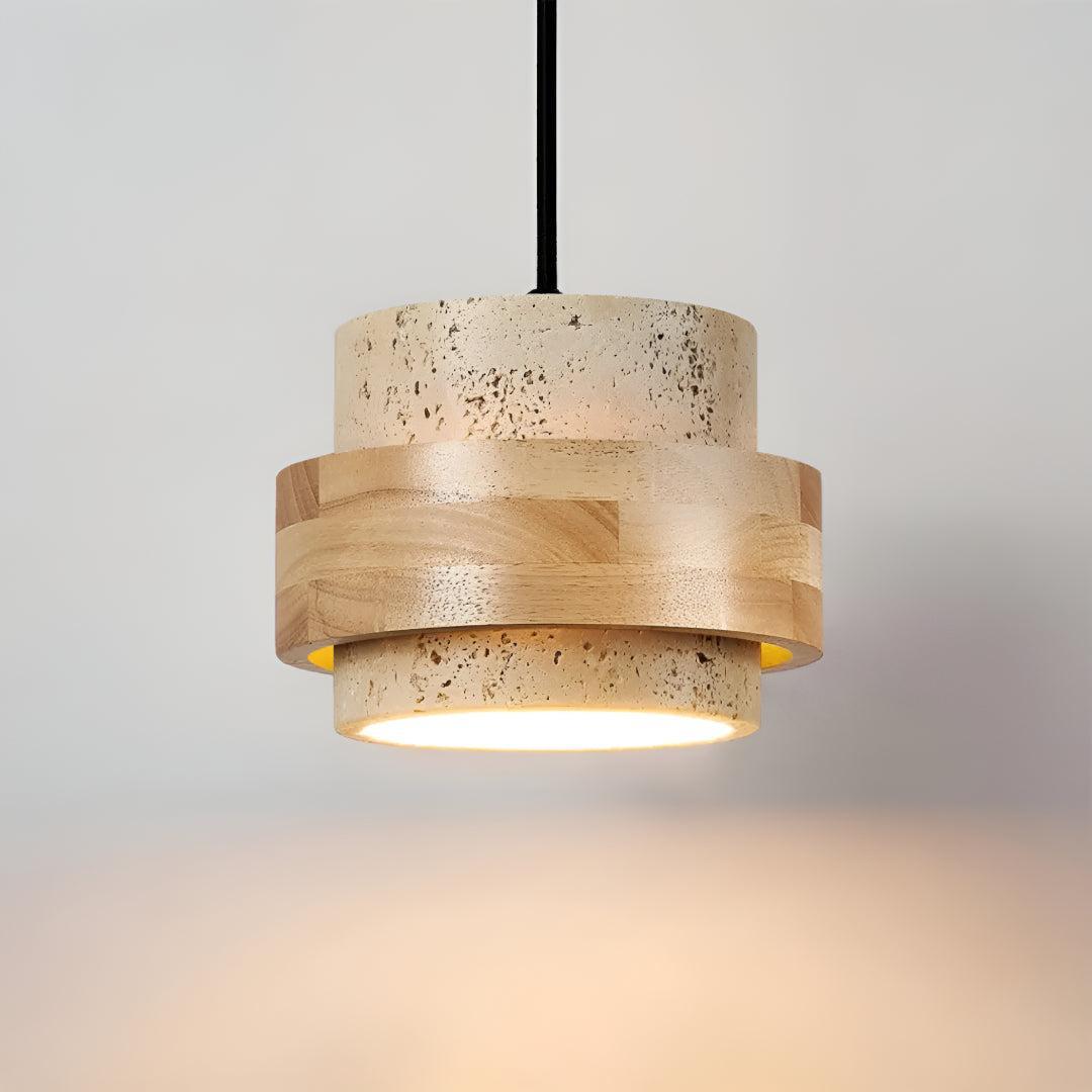 Travertine Ceiling Light Pendant Lamp With Wood Accent Design