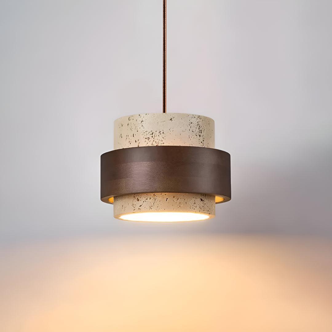 Travertine Ceiling Light Pendant Lamp With Wood Accent Design