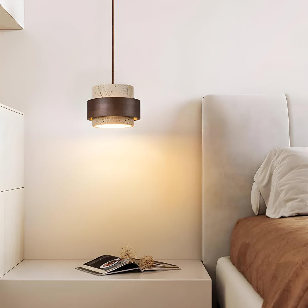 Travertine Ceiling Light Pendant Lamp With Wood Accent Design